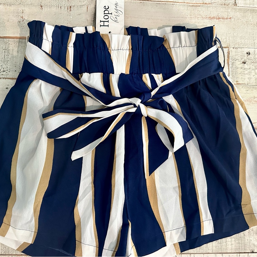 NWT High Waist Blue and White Striped Shorts with Tie Belt